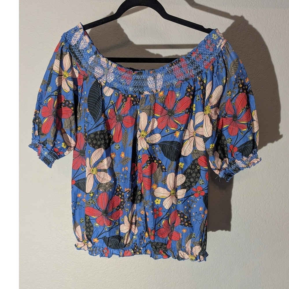 American Rag Cie Blue Floral Off Shoulder Smocked Boho Blouse Top Womens Medium